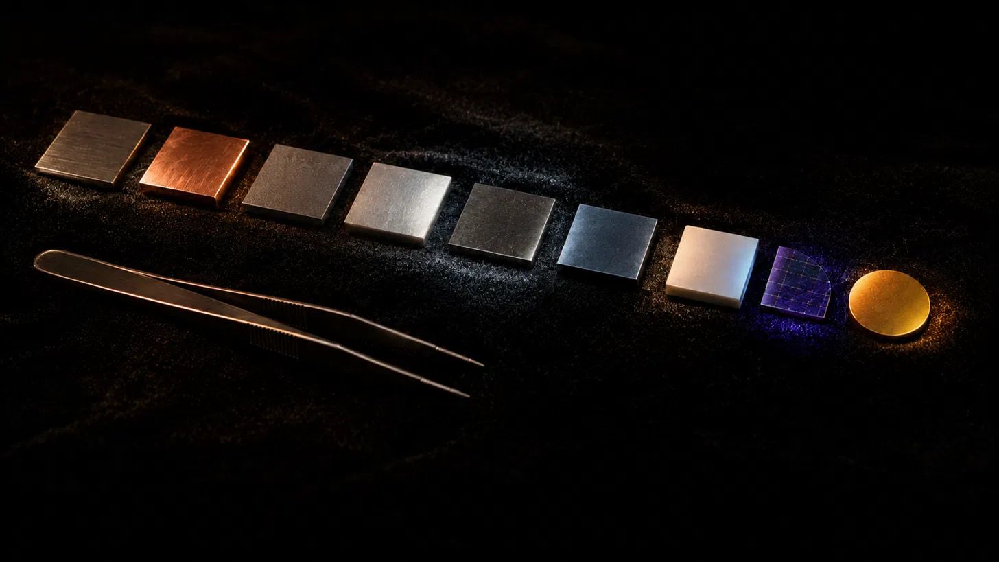 nine metal coupons under nine lights.