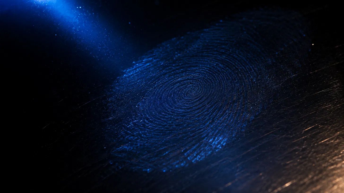 a fingerprint under ultraviolet light on polished steel.