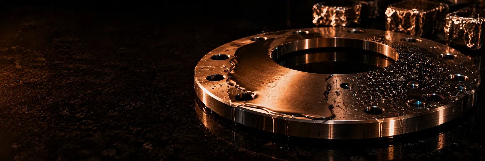 a stainless vacuum flange, water sheet on one side, droplets on the other.