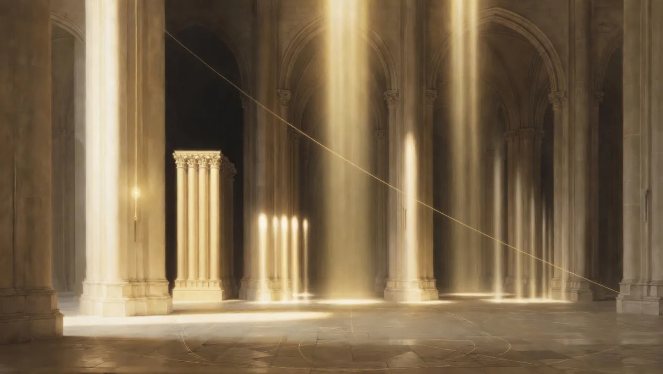 A luminous Gothic nave where shafts of golden light rise like the peaks of a mass spectrum, a single particle trajectory crossing the void.