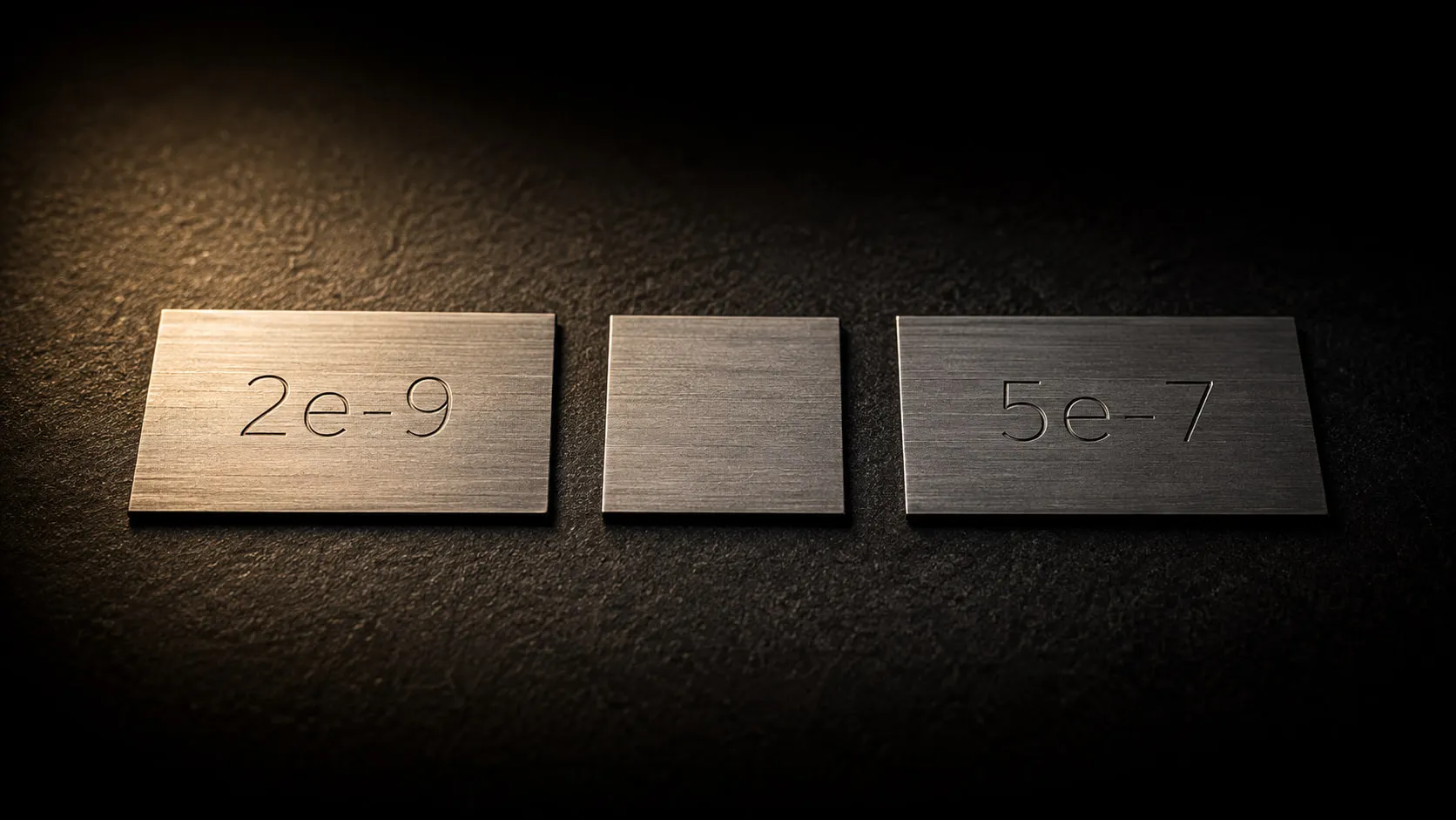 Two steel plates engraved 2e-9 and 5e-7 on either side of a blank coupon of the same metal.