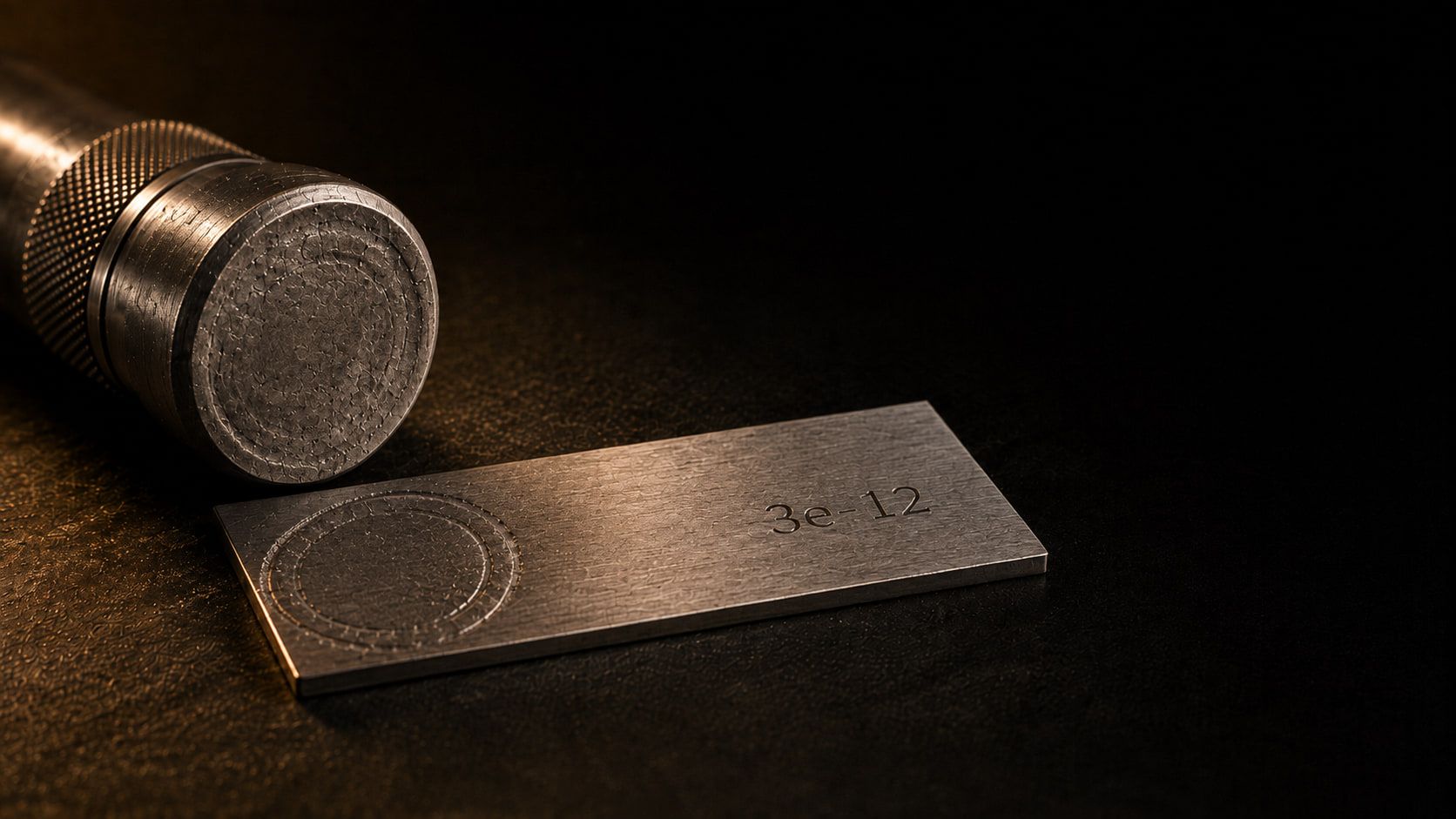 A knurled steel punch lying beside a steel plate engraved 3e-12, the plate carrying the circular impression the punch has just left.