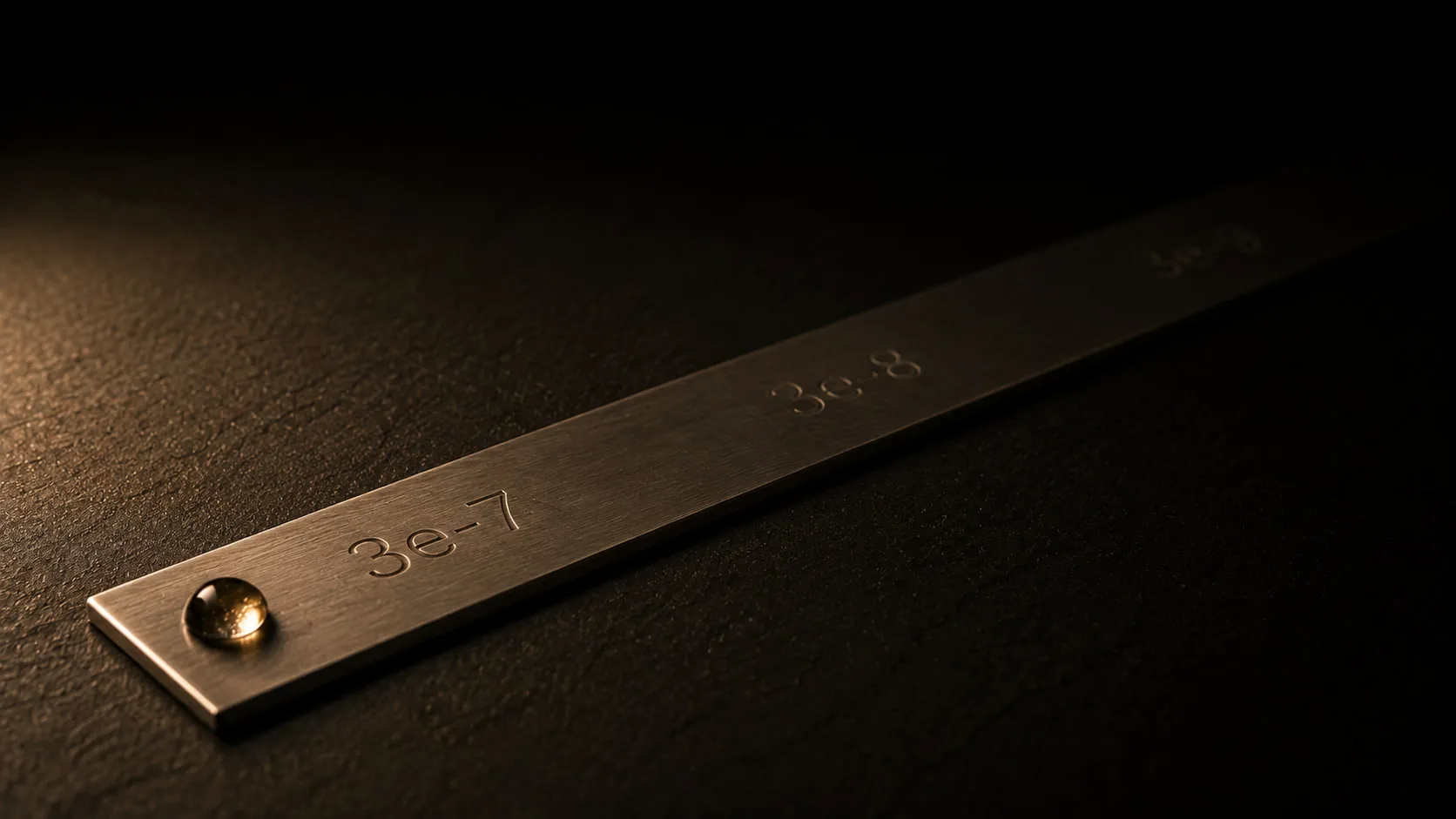 A long steel bar engraved 3e-7, 3e-8 and 3e-9 along its length, receding into the dark, with a single water droplet resting at the near end.