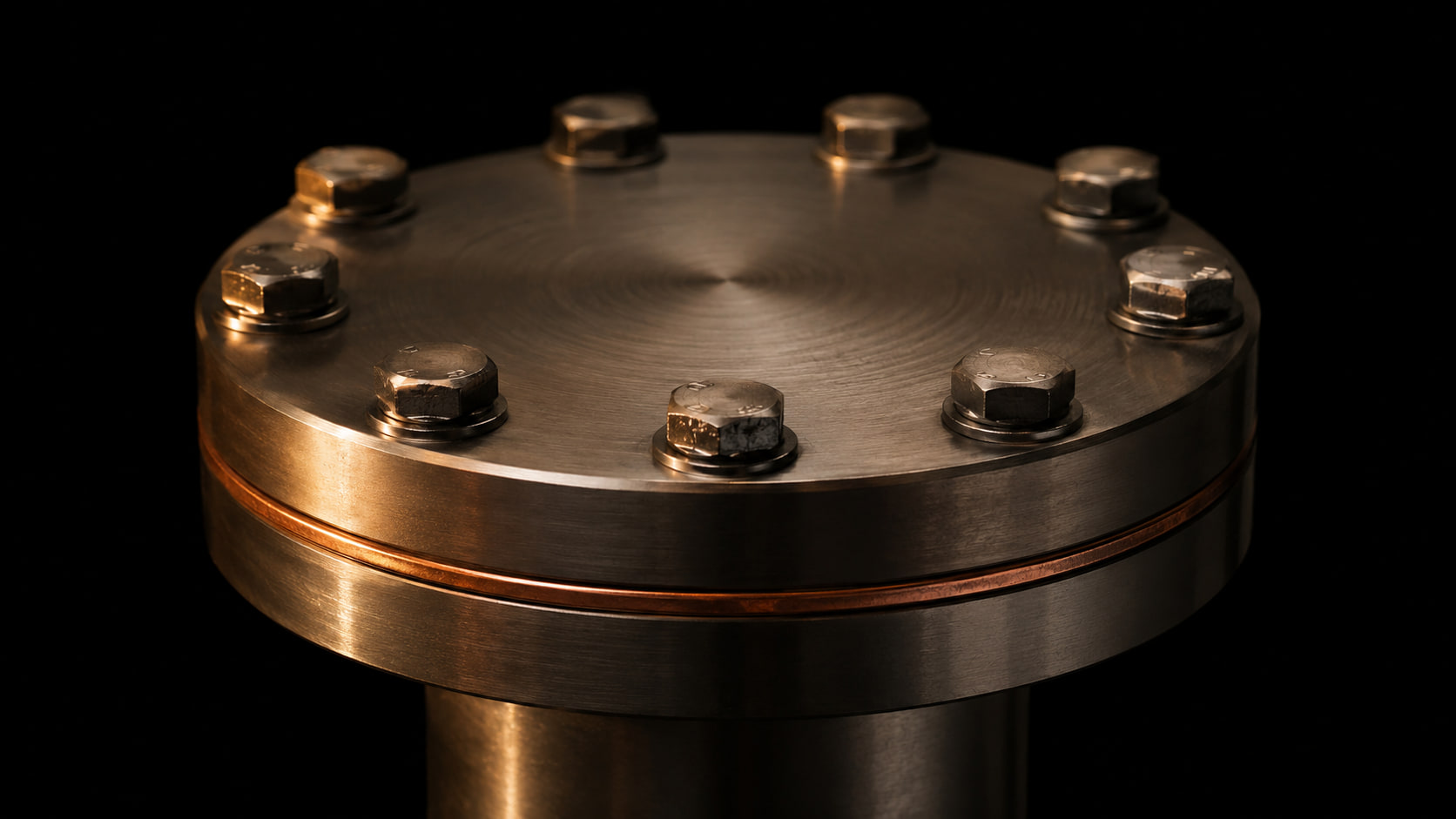 A blanked bolted flange seen from above, ten hex bolts around a solid steel disc, the copper gasket showing as a bright ring in the joint below